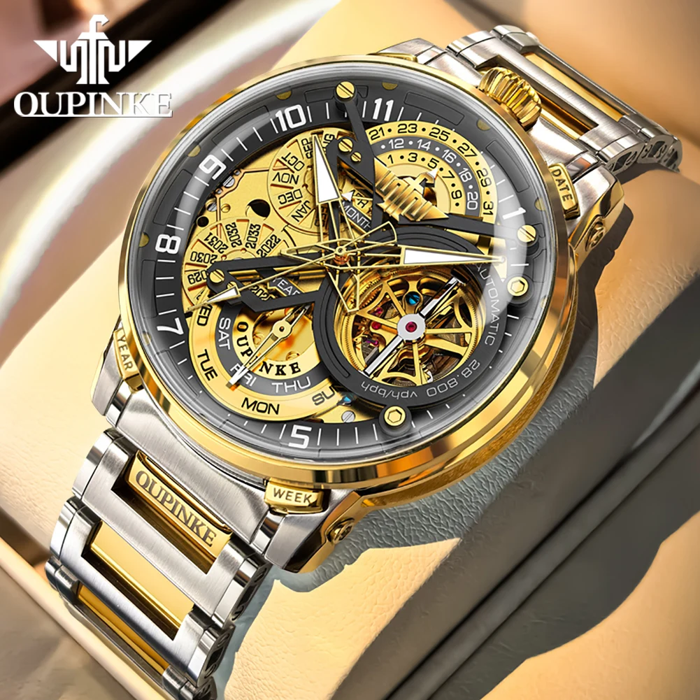 OUPINKE Men's Watches Top Brand Luxury Fashion Original Automatic Mechanical Wristwatch Dome-shaped Sapphire Waterproof Calendar