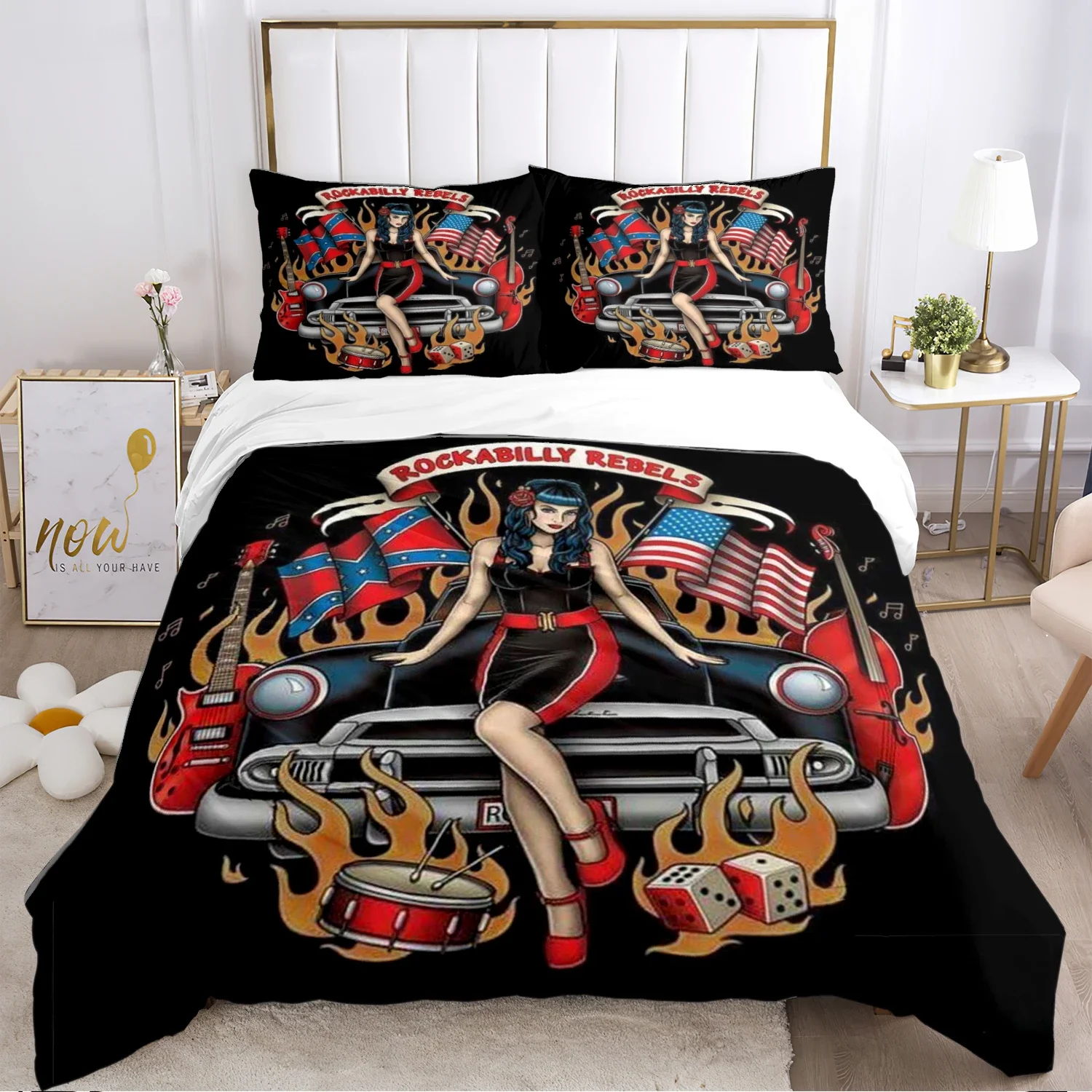 

Rockabilly Hip Hop Music Duvet Cover Comforter Bedding sets Soft Quilt Cover and Pillowcases for Teens Single/Double/Queen/King