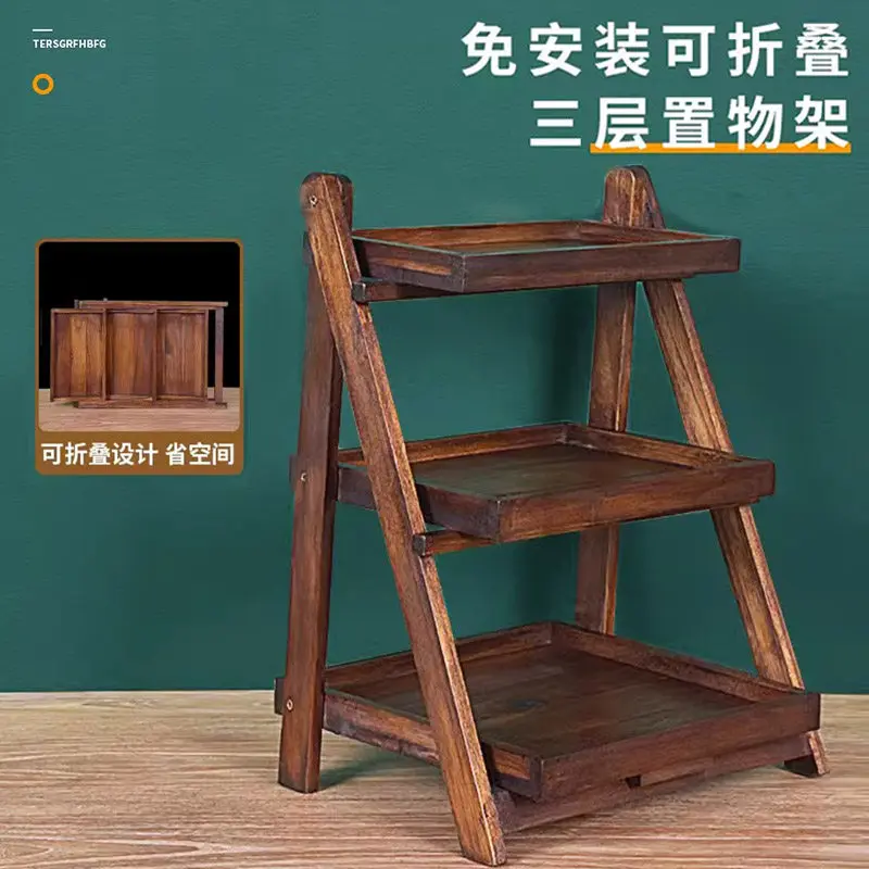 Foldable 3-Tier Solid Wood Shelf, Desktop Storage Rack for Bathroom Kitchen, Multi-Functional Home Organizer