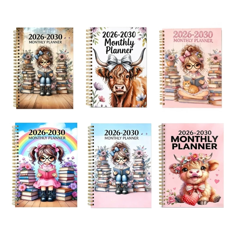 Q6PA Lay-Flat Spirals Monthly Planner for 2026-2030 with Flexible Fields for Years, Months, and Written Plan Detail