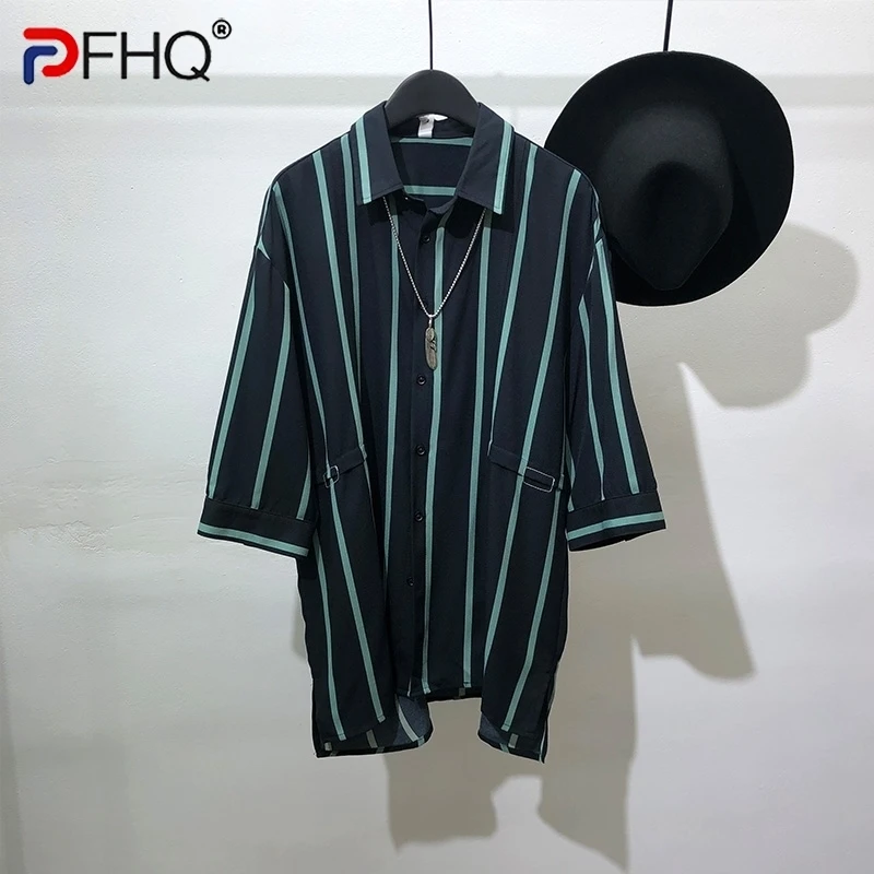 

PFHQ Striped Loose Shirt Male Summer Niche Irregular Design Single Breasted Lapel Popular Haute Quality Men's Tops Chic 21Z4918