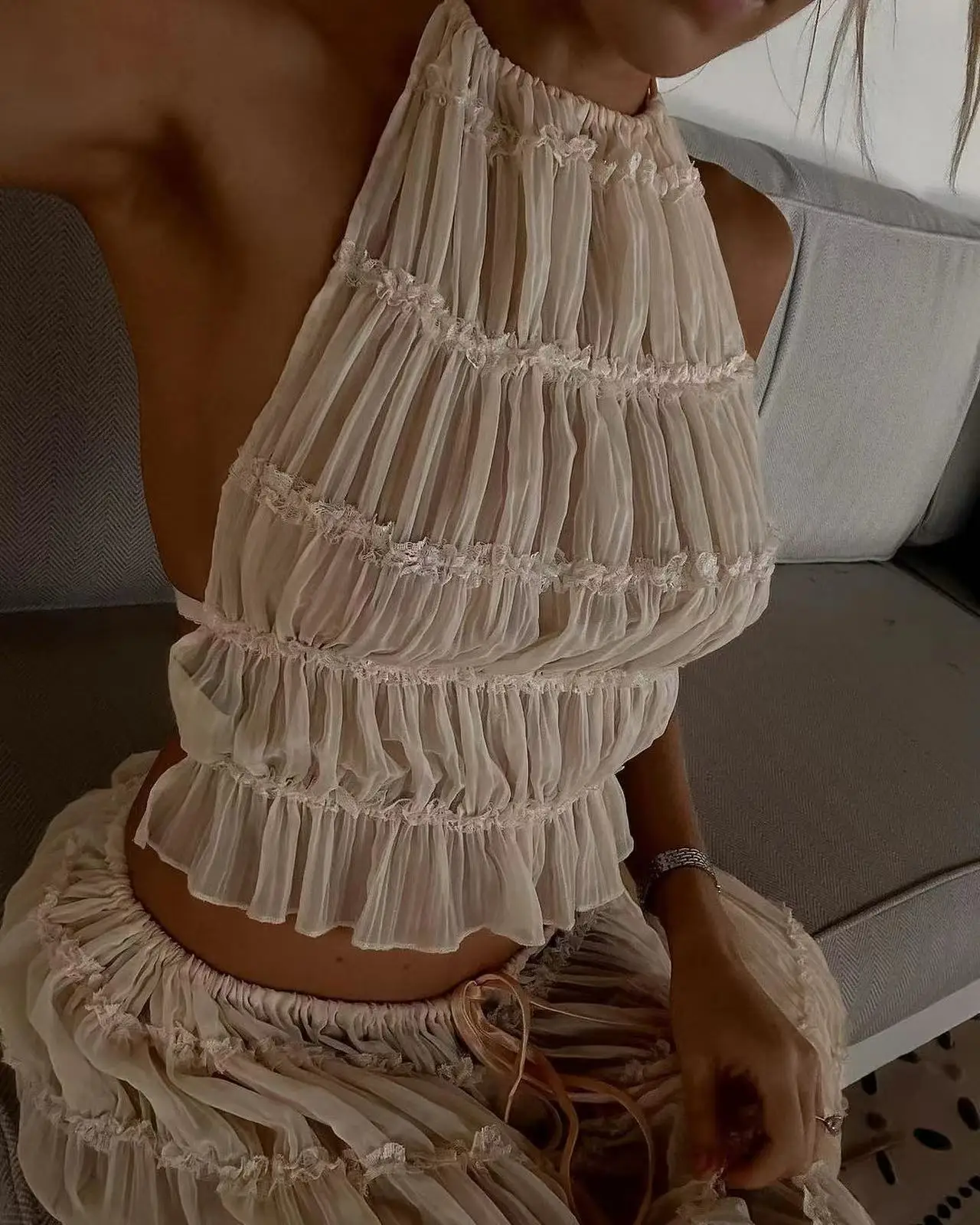 Wein Lady Woman Backless Hanging Neck Suspender Drawstring Chiffon Pleated Long Skirt Purple Sexy Summer Set Two Piece Suit