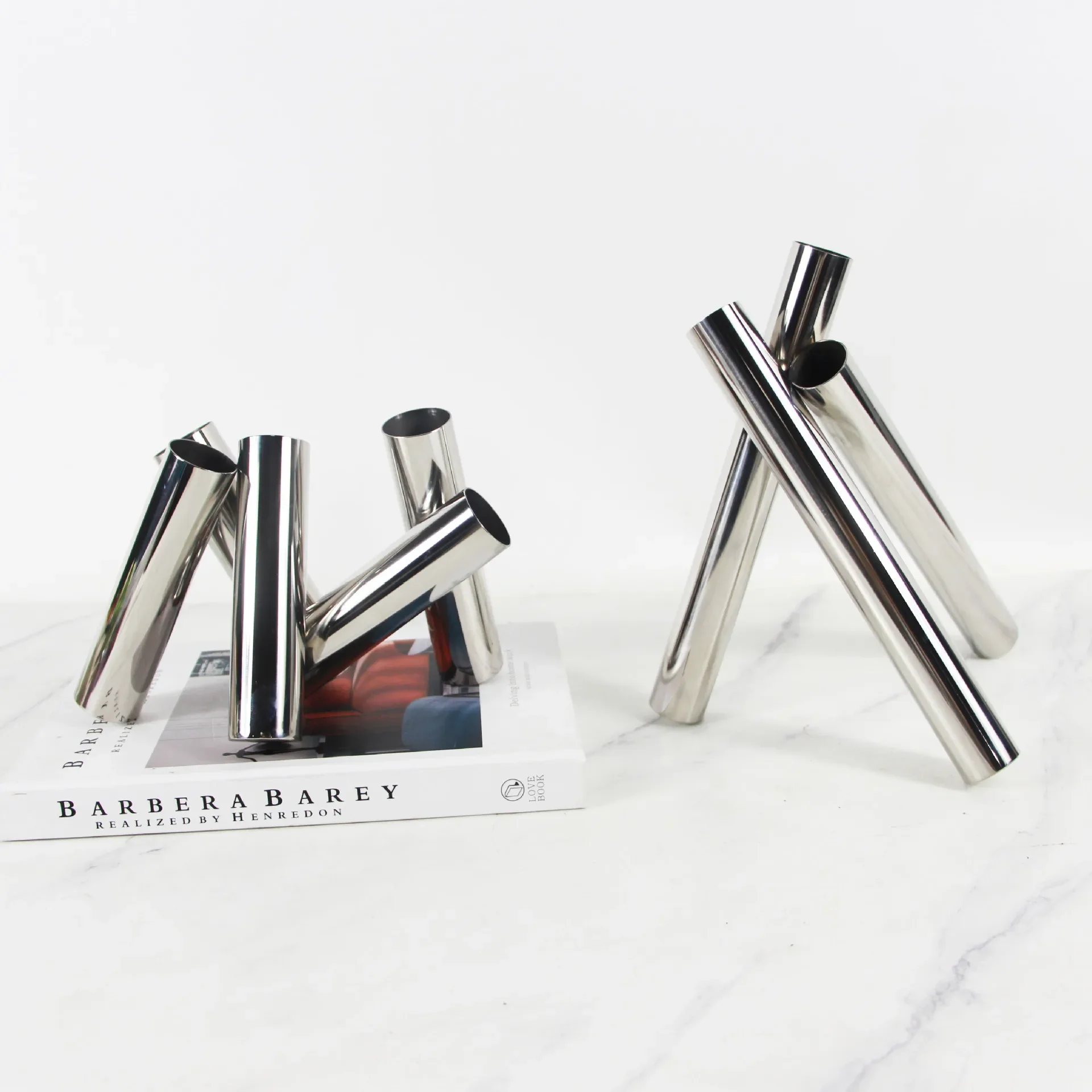 Modern stainless steel tube mirror flower ornament model room living room entrance creative tripod dried flower insert