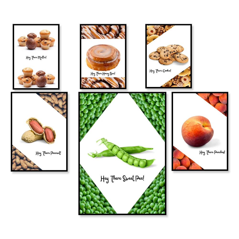 

Cupcakes, sweet peas, peaches, pancakes, candy, peanuts, honey bread, chicken nuggets, muffins, gourmet kitchen aesthetic poster