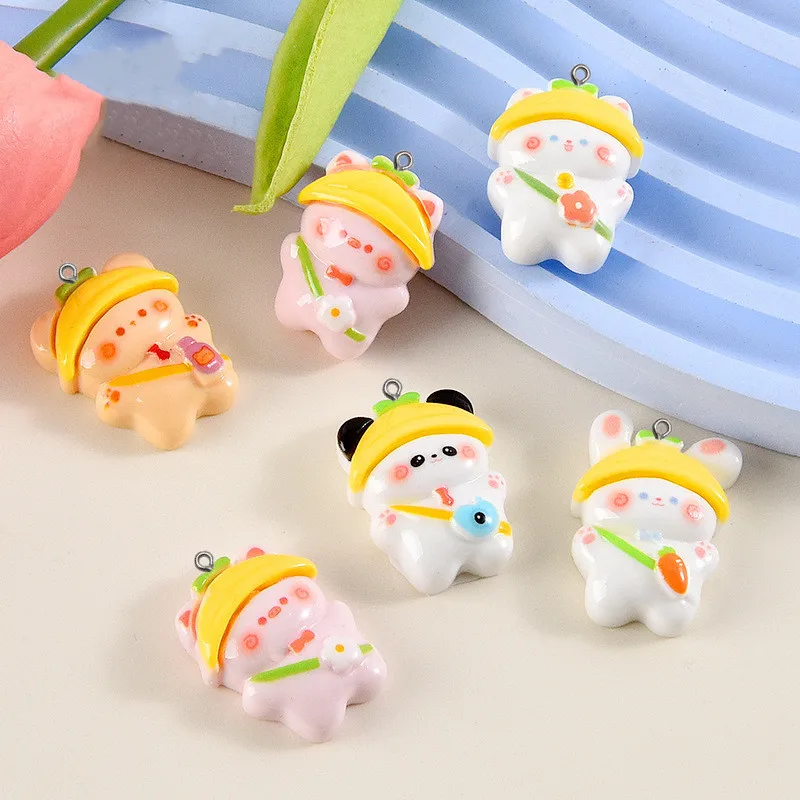 10Pcs Catoon Rabbit Bear Resin Charms DIY Miniature Figurine Cabochon Pendant Funny Keychain Phone Decor Accessorie Jewelry Make