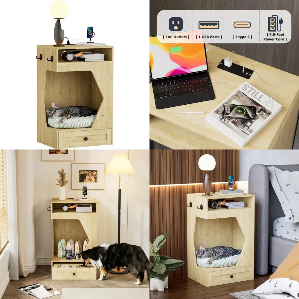 

Pet Feeding Nightstand with Charging Port and Storage Shelf
