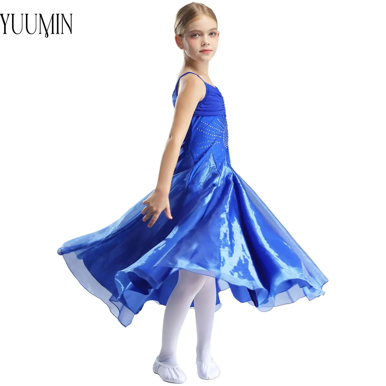 

Kids Girls Ballroom Dance for Performance Costume V Neck Spaghetti Straps Wide Hemline Glittery Rhinestones Flared Elegant Dress