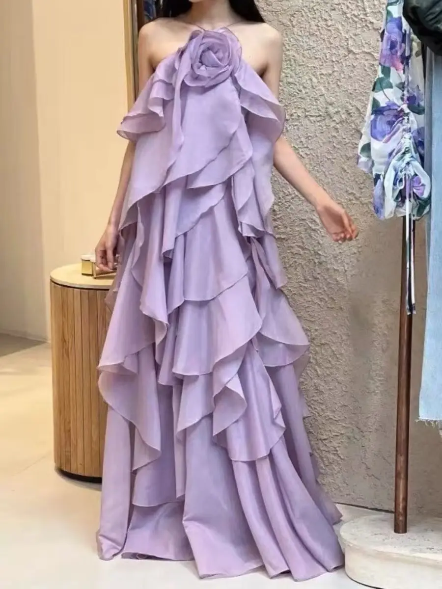 Feminino roxo em camadas maxi vestido 3d flor decoração halter pescoço sem mangas elegante senhoras robe