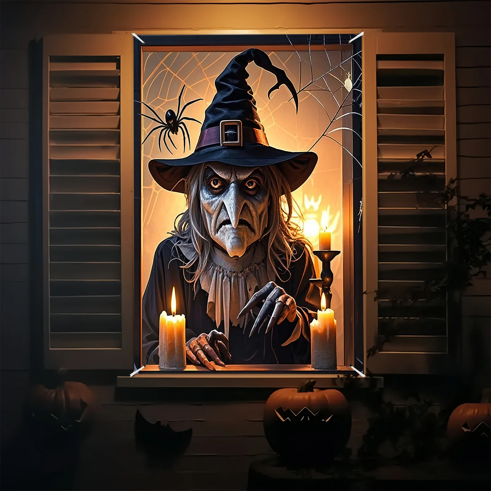 قطعة واحدة من لافتة نافذة ساحرة الهالوين - تصميم ساحرة شبح البوليستر، الشموع والقرع، ديكور حفلات الهالوين