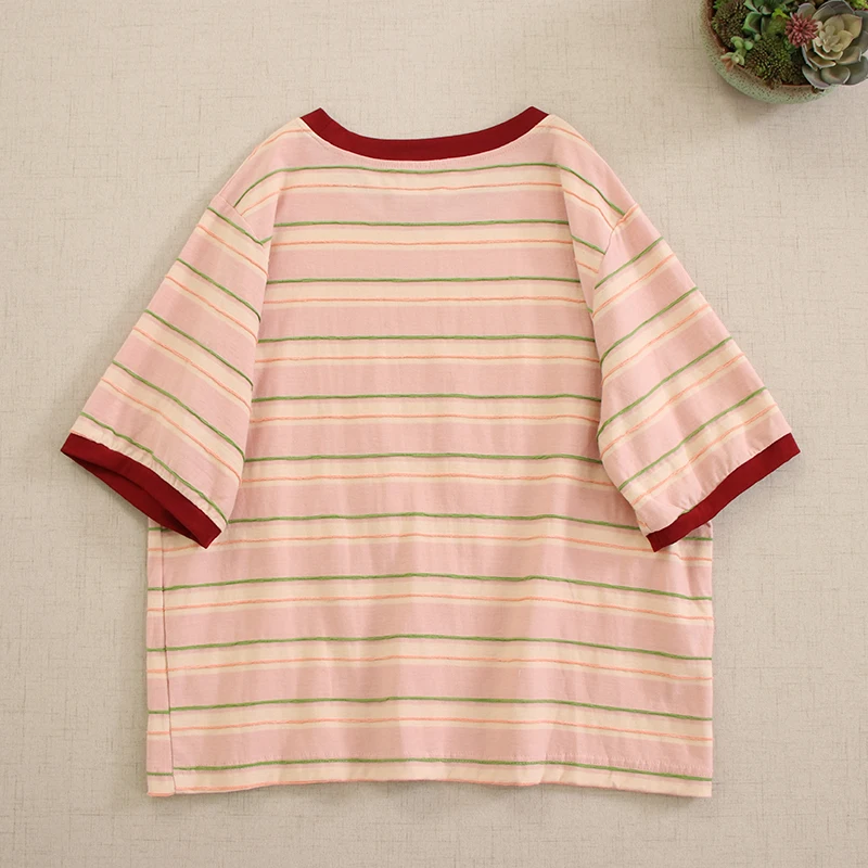 Summer Aesthetic Cartoon Print Striped Vintage Cotton T-shirts Women Mori Girl Y2K O-Neck Short Sleeve Casual Loose T Shirt Tops