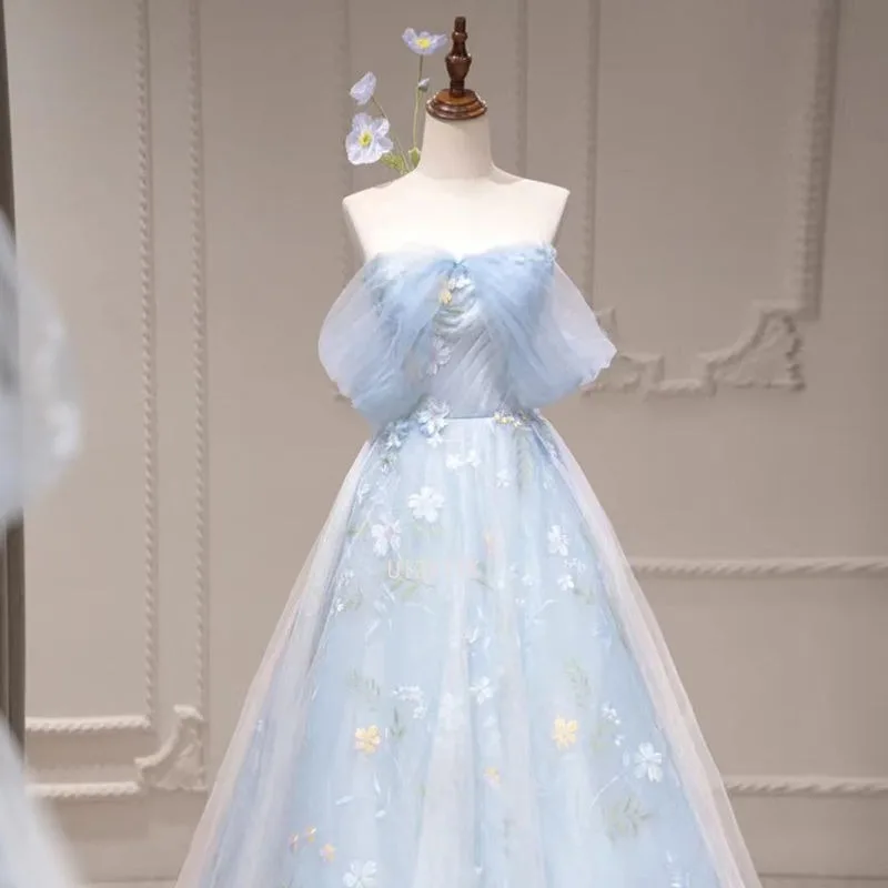 Vestidos de festa de noite feminino princesa fora do ombro sem mangas bordado banquete formal ocasião vestido elegante vestido de baile