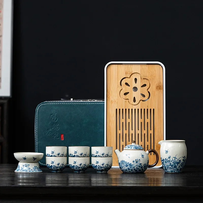 Colorful Tea Ceremony Set Ru Kiln Travel Tea Tools Set One Pot Six Cups with Tea Tray High-end Complete Ru Kiln Teapot Full Set