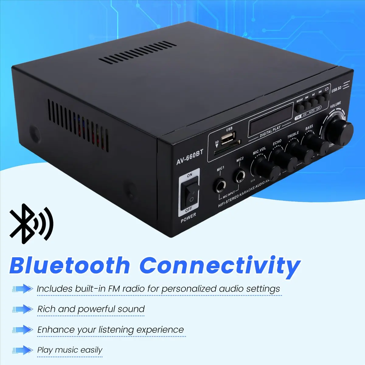

Усилитель звука OK AV-660BT Bluetooth - Усилитель мощности с поддержкой Bluetooth, FM-радио, USB, SD-карт и двойных входов для микрофонов, вилка стандарта США
