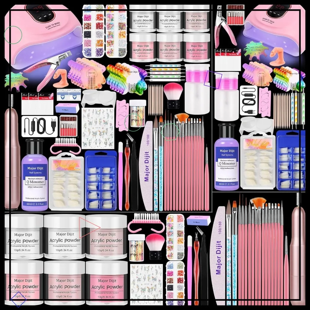 

Полный набор для наращивания ногтей акрилом для начинающих с УФ-лампой, блестками и жидким мономером в 6 цветах - все необходимые принадлежности в комплекте