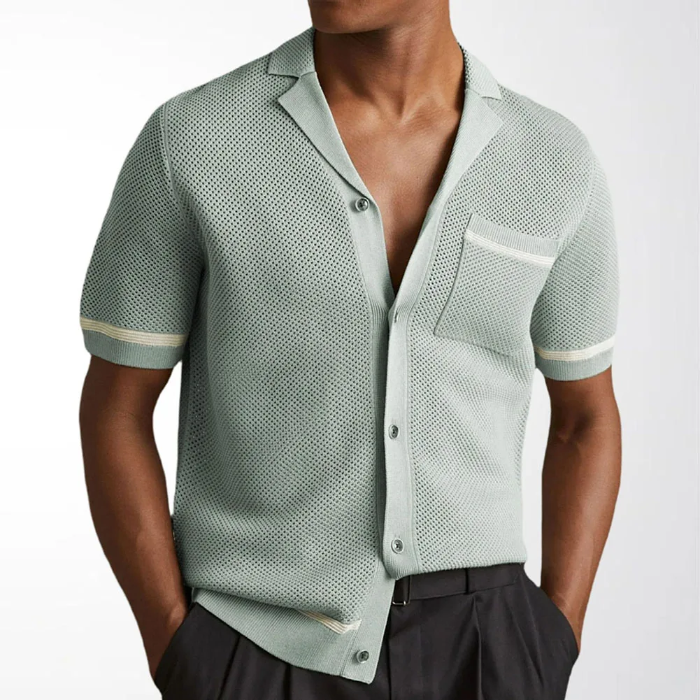 Short Sleeve Knit Cardigan for Men Vacation Look Hollow Design Solid Color Top Fits Over Shirt Gray Green Blue