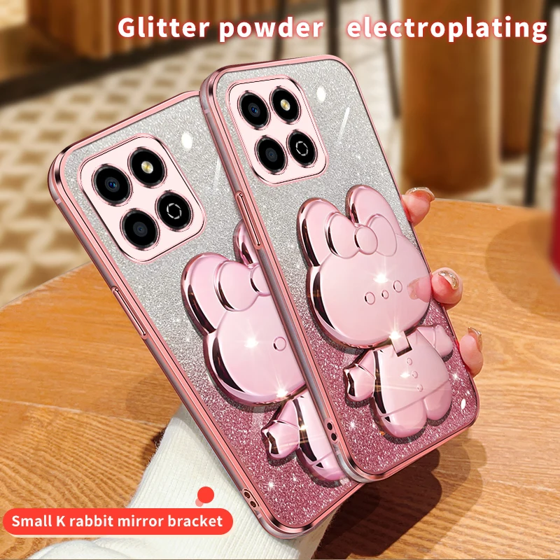 Case HONOR X8b X8a X8 X9a X9b X7a X7b X6 X6a 9X 8X X50 X40 X30 X20 X10 Gradient Glitter Makeup Mirror Rabbit Folding Stand Cover