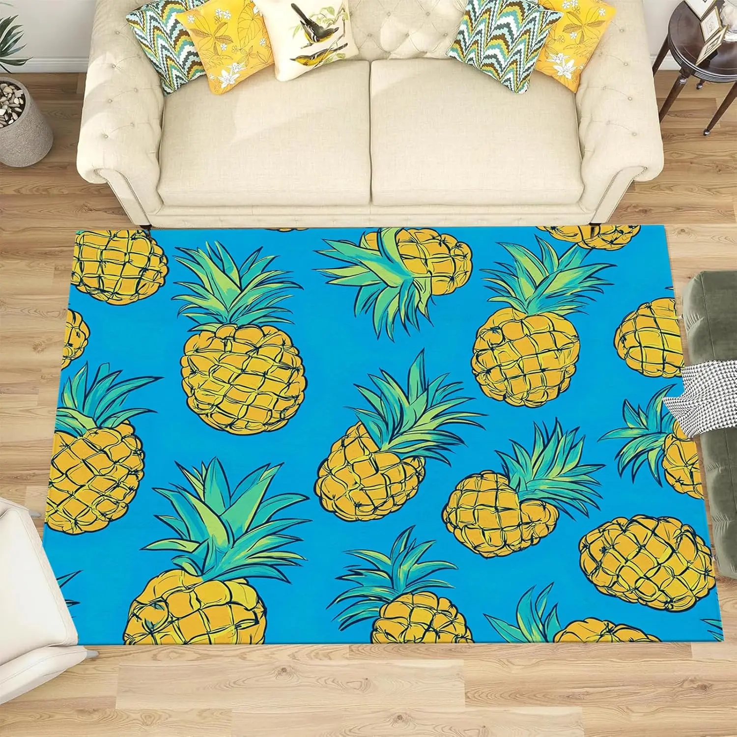 Non Slip Large Rug for Living Room Bedroom Dining Room, Low-Pile Kid Pet Friendly Distressed Carpet Cartoon Fruit Pineapple