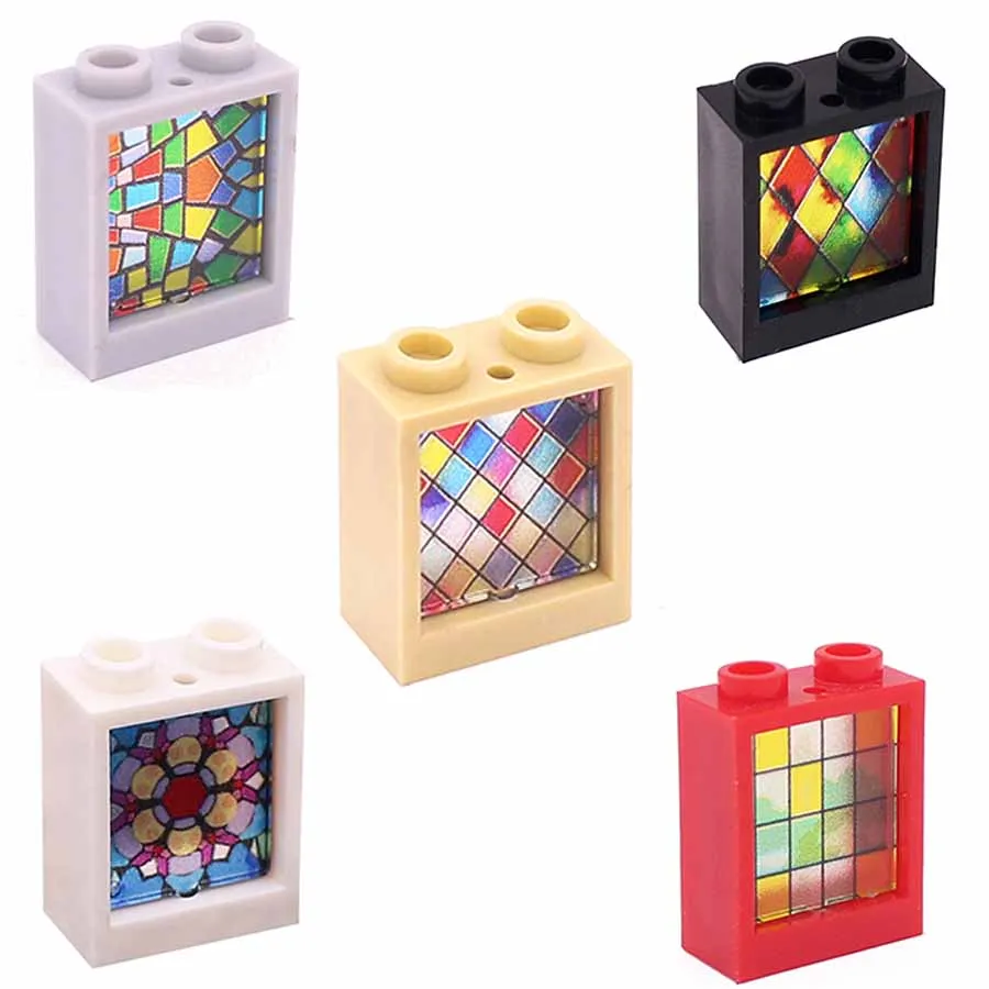 10pcs Glass Windows Doors Wall 1x2x2 with Pattern Print Window Church Assemblage Construction Thick Brick Building Block Toys