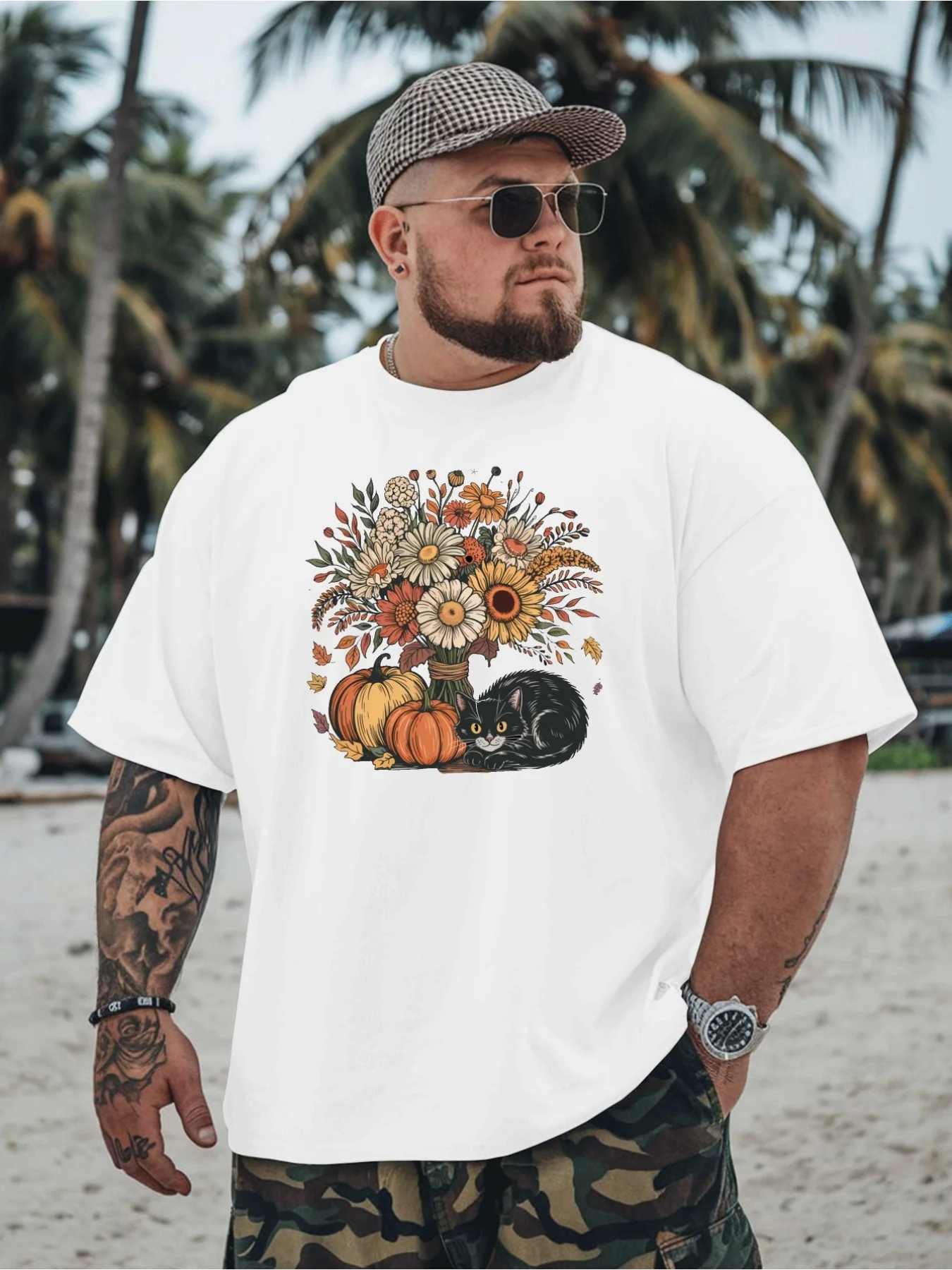 Men'S Plus Size 'A Bumper Harvest' Graphic Tee - Striking Fall Design Featuring Pumpkins, Sunflowers, And Black Cats, Comfortabl