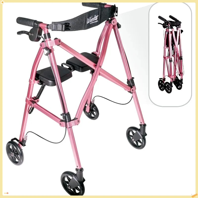 Rollator salvaspazio con sedile, camminatore pieghevole leggero per anziani, rosa