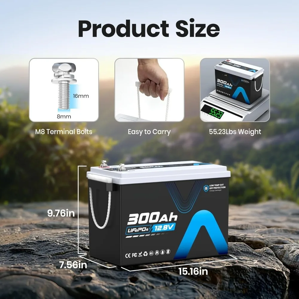 12V 300AH Low Temp Cutoff LiFePO4 Battery, Built in 200A BMS, Max 2560W Power Output, 5000+ Cycles Rechargeable Lithium