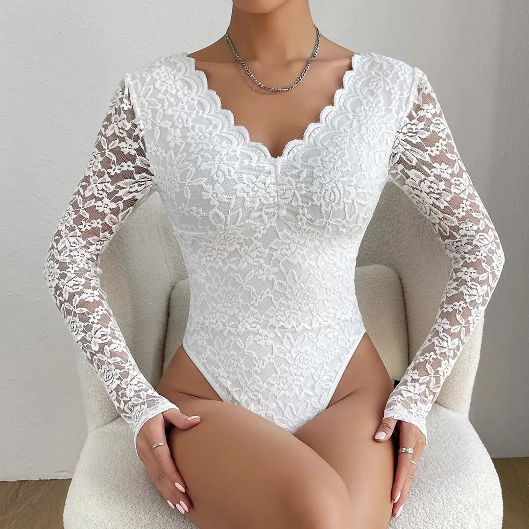 

Hot Selling Sexy Jumpsuit Solid Color Lace Patchwork Long Sleeved Spicy Girl Transparent Slim Fit Female Lingerie High Quality