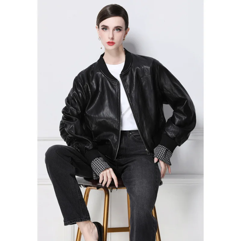 Retro Kurtka ze Sztucznej Skóry PU, Odzież Wierzchnia w Stylu Streetwear, Krój Stand Fit, Damska, Neutralna, Długa, Modna Odzież Wierzchnia