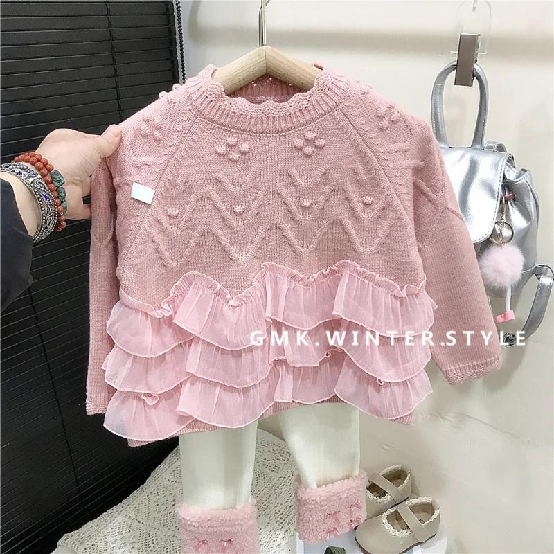 

Girls Princess Lace Patchwork Sweater Autumn Winter New Thickened Warm Knitted Pullover for Children