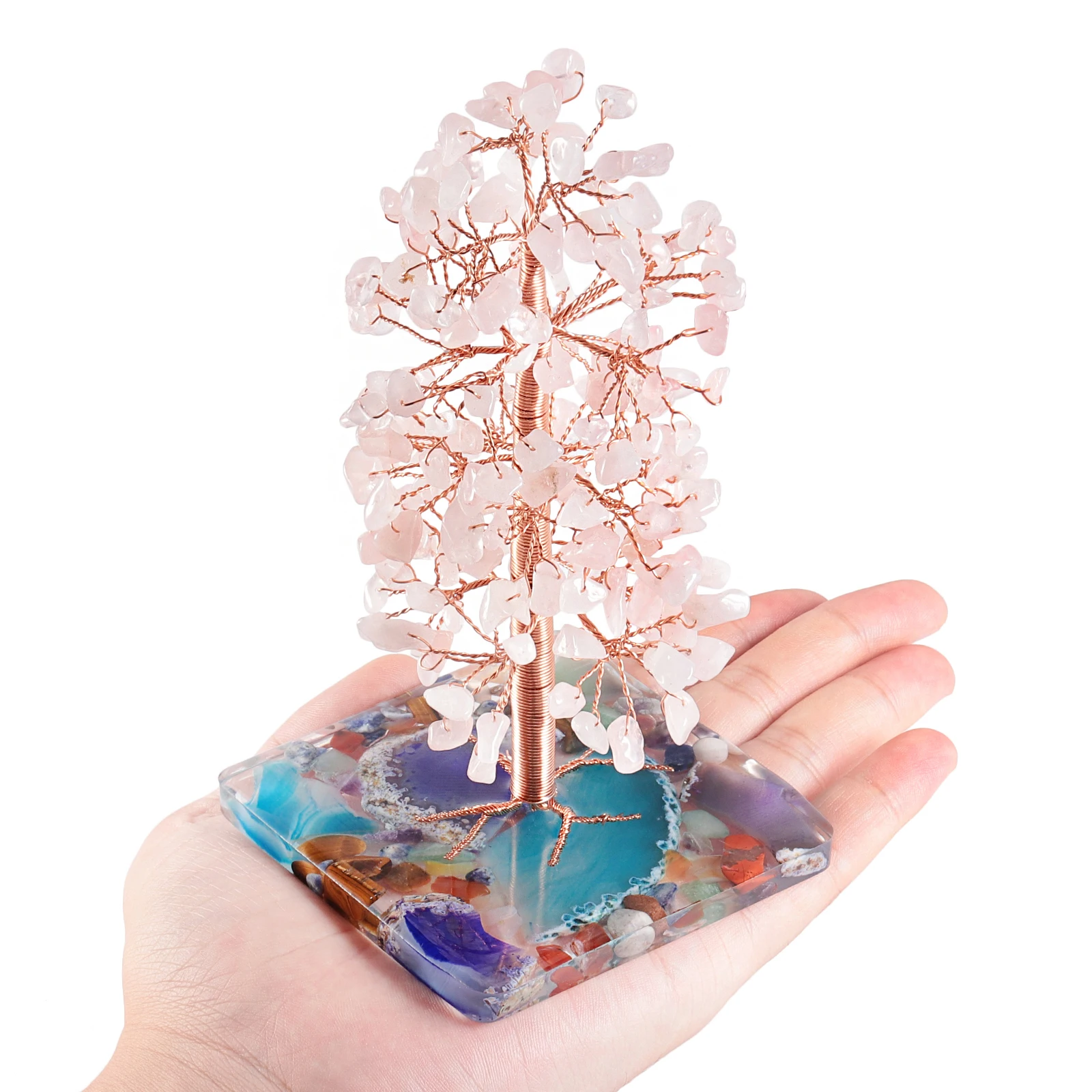 Árbol de cristal de 7 Chakras con Base de rebanada de ágata de resina, árbol de dinero de la suerte para decoración del hogar