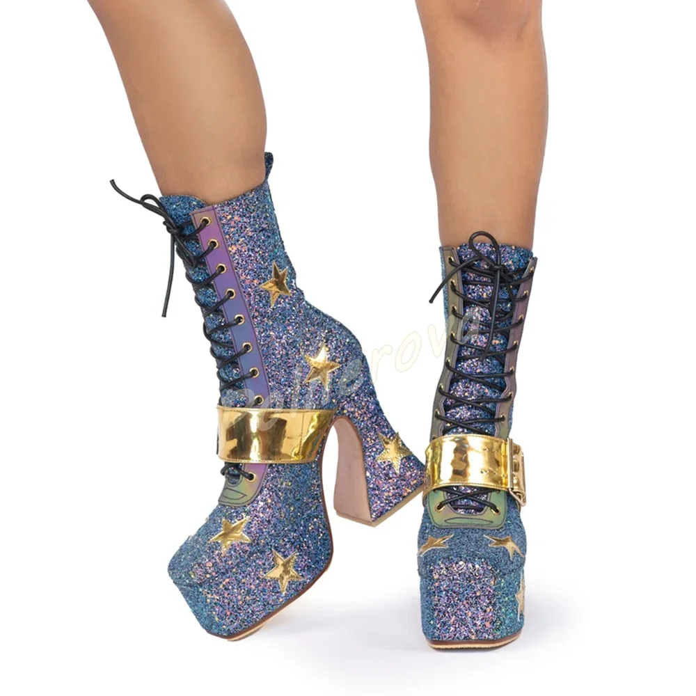 Blue Glitter Platform Mid Calf Boots Women Gold Star Patch Metallic Buckle Straps Boots Y2K Black Lace Up Block High Heel Shoes