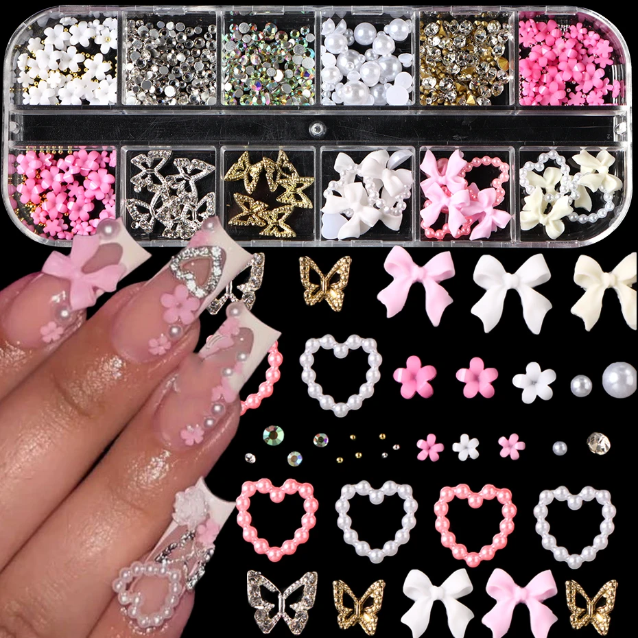 12 Grids Mixed 3D Nail Art Charms Kit - Multi-Color Y2K Butterfly | Floral | Bow | Rhinestone Designs Nail Decoration DIY