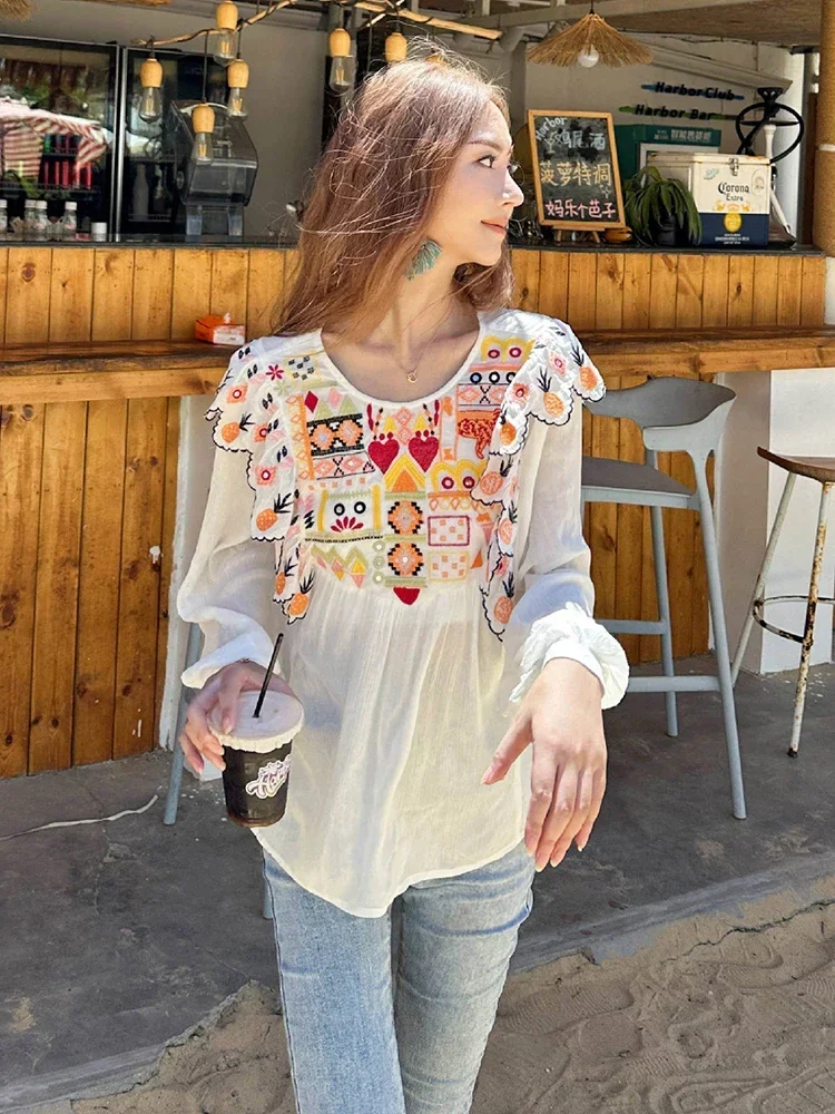 Floral Emboridery Chic Blouse Shirt White Cotton Spring Autumn Hollow Out Long Sleeve Women Ladies Female Blouses Tops