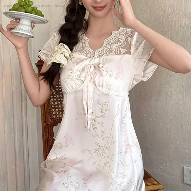 

Printed Satin Silk Sleep Dress Sleepwear Women Nightdress Intimate Lingerie V-Neck Lace Patchwork Nightgown Loose Home Dressing
