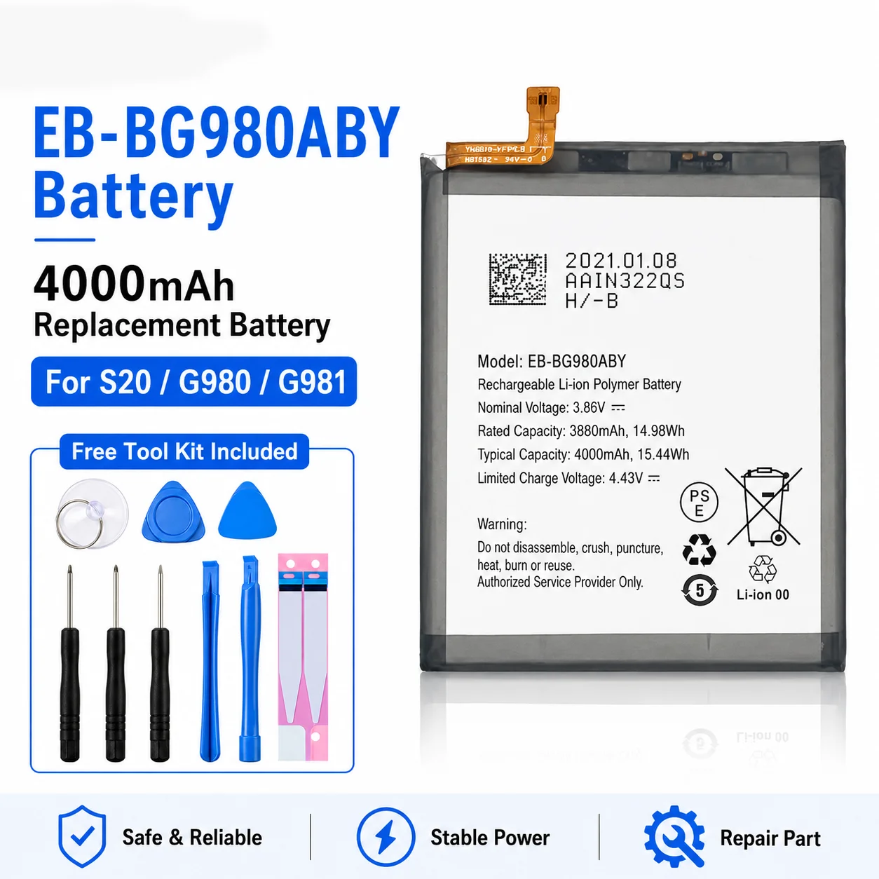 EB-BG980ABY Battery 4000mAh 3.86V Rechargeable Lithium Polymer Replacement Battery for Samsung Galaxy S20 G980 G981 With Tools
