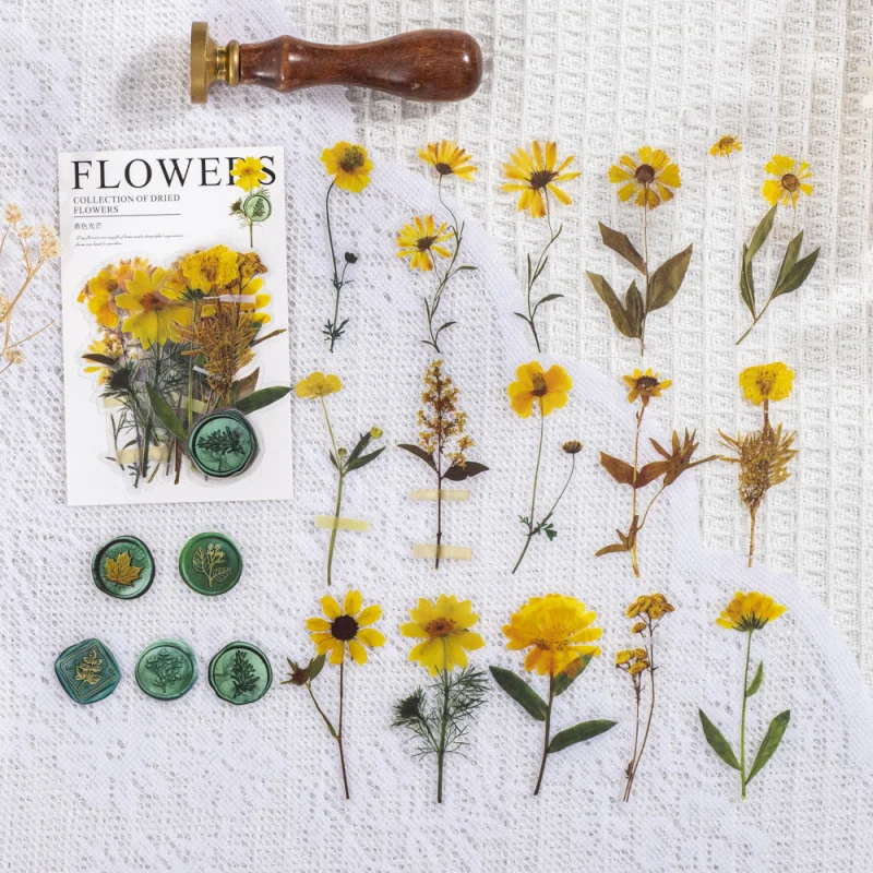 PET-Wachssiegel-Aufkleberpaket – 40 Stück getrocknete Blumenaufkleber für Tagebuch und Scrapbooking