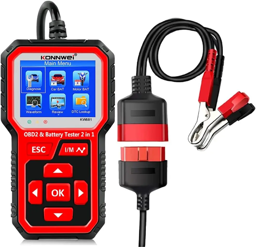 

6V 12V Car Battery Tester & OBD2 Scanner, 2-in-1 Diagnostic Tool for Engine Codes, Alternator Load Testing