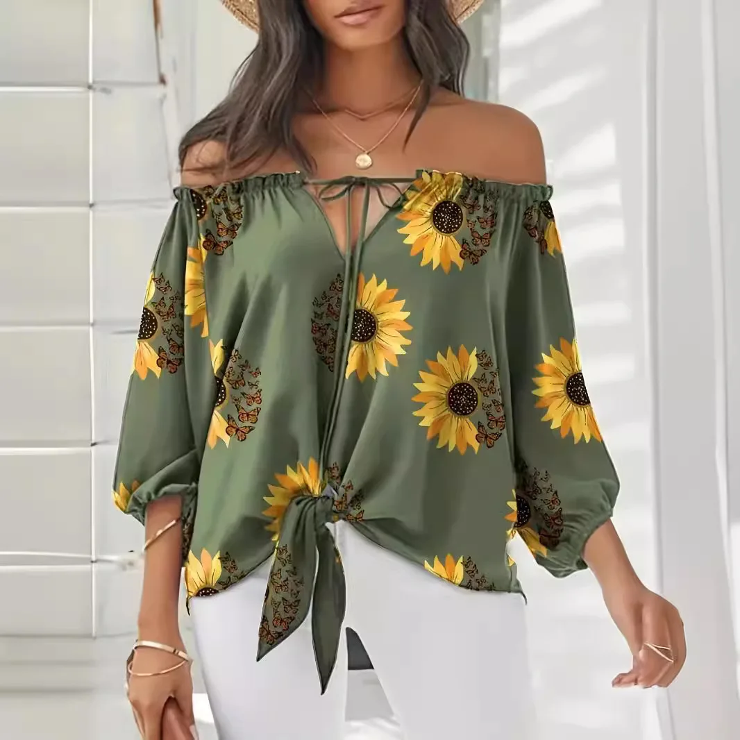 Women Off Shoulder 3/4 Sleeve Blouse Casual Sunflower Front Bow Tie Slash Neck Pulldver Vacation Shirts  Sissy Sissy Blouse Tops