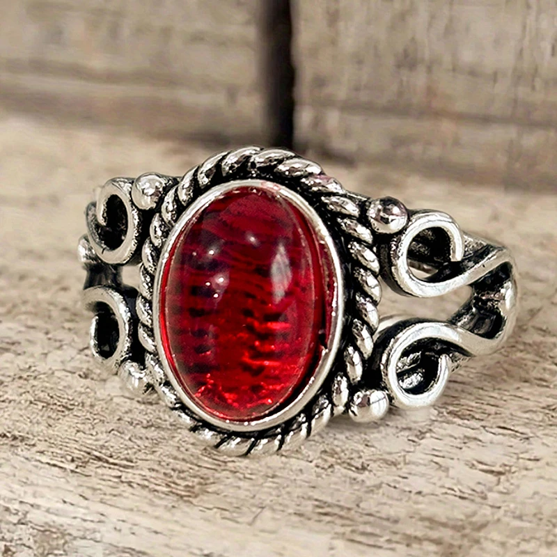 Huitan Vintage Anti Silver Color Ring for Women Hollow Carved Fancy Oval Red Stone Simple Party Daily Metal Accessories Jewelry
