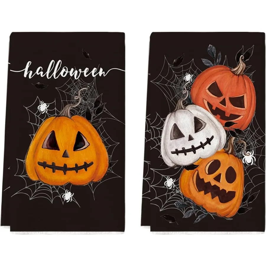 

Black Pumpkin Halloween Kitchen Towels Dish Towels 18x26 Ih Spider Web JackO'Lantern Decoration Hand Towels Set of 2