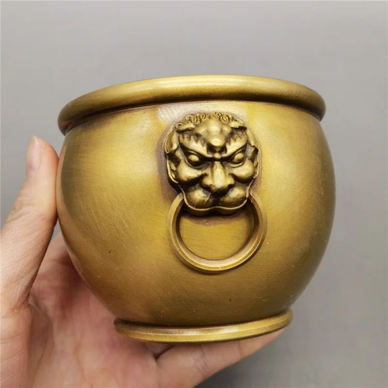 Double Lion Brass Cornucopia Home Indoor Office Decoration Lion Head Copper Pot Incense Burner Brass Double Lion Ear Pot