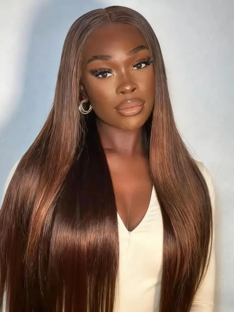 # 4 Schokoladenbraune Perücken aus Echthaar, 13x6 HD Lace Frontal, 200 Dichte, glatt, vorgezupft mit Babyhaar, kleberlose Perücken für Frauen