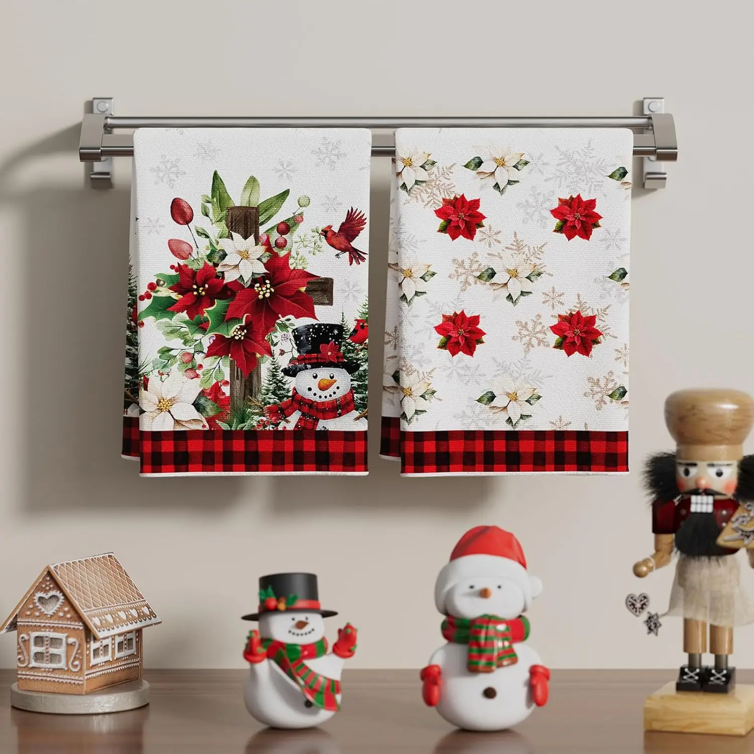 Christmas Poinsettia Snowman Kitchen Dish Towels Winter Snowflakes Absorbent Hand Towels Cleaning Cloths Christmas Decorations
