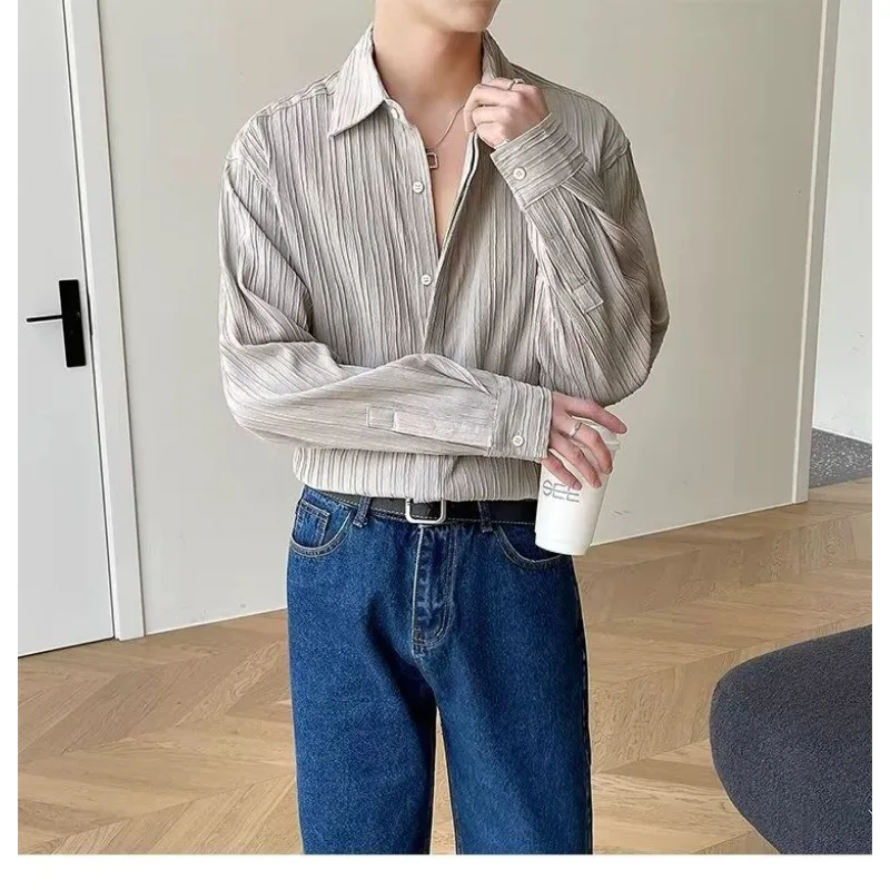 Luxury Black White Apricot Long Sleeve Shirt Men Fashion Wave Texture Cross-border Mens Shirt Pleated Loose Casual Tops Shirts