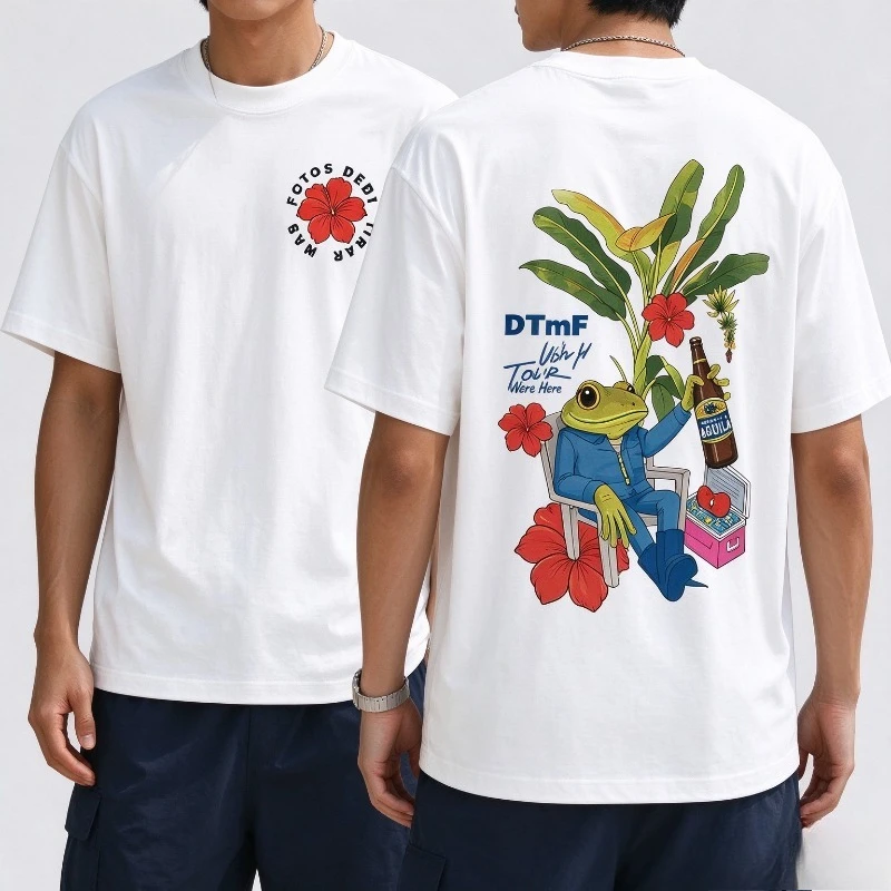DTMF Wish You Were Here Frog Vacation T-Shirt Tropical Flower Beer Graphic Print Soft Modal Summer Beach Casual Top