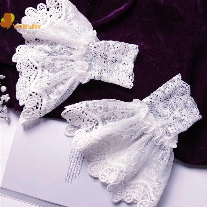 Female Girls Sweater Decorated Fake Sleeves Hollow Out Crochet Floral Lace Horn Cuffs Embroidery Flounces Elastic