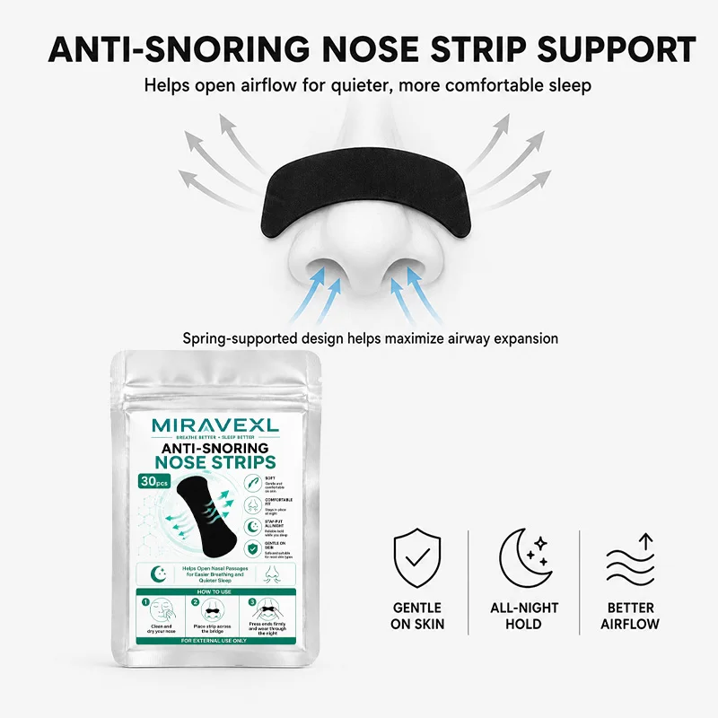 Anti-Snoring Nose Strips 30Pcs Drug-Free Nasal Congestion Relief Strong Adhesive Comfort Nasal Tape for Better Night Sleep