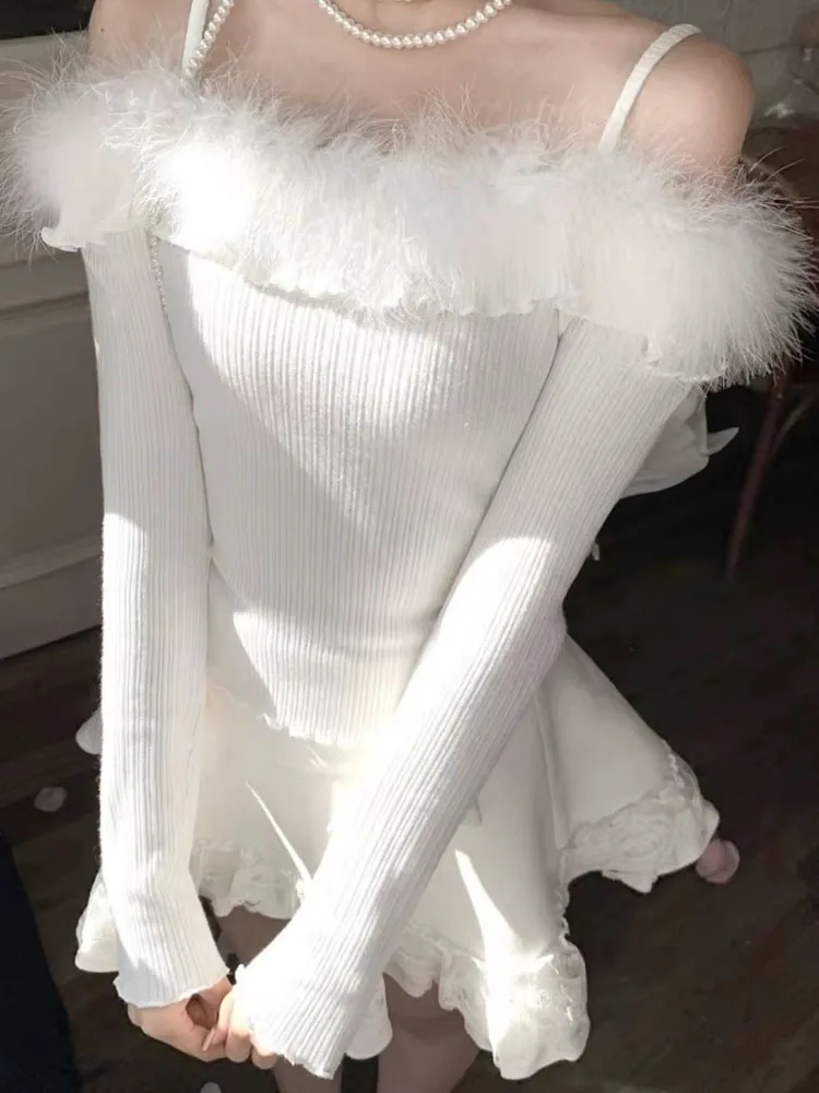 Sexy T Shirts Women Furry Patchwork Slash Neck Off Shoulder Vintage Elegant Crop Tops Female Autumn Winter Casual