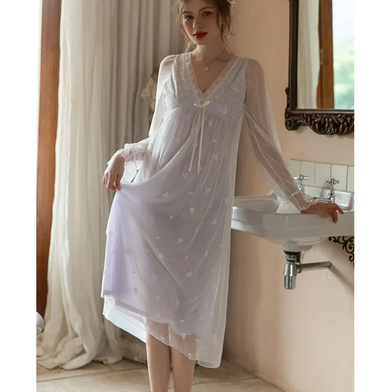 Nightgowns Women Lace Mesh Sleepwear Sexy French Lovely Fairy Retro Silky Sweet Night Dress Leisure Sleepwear Pajamas Plus Size