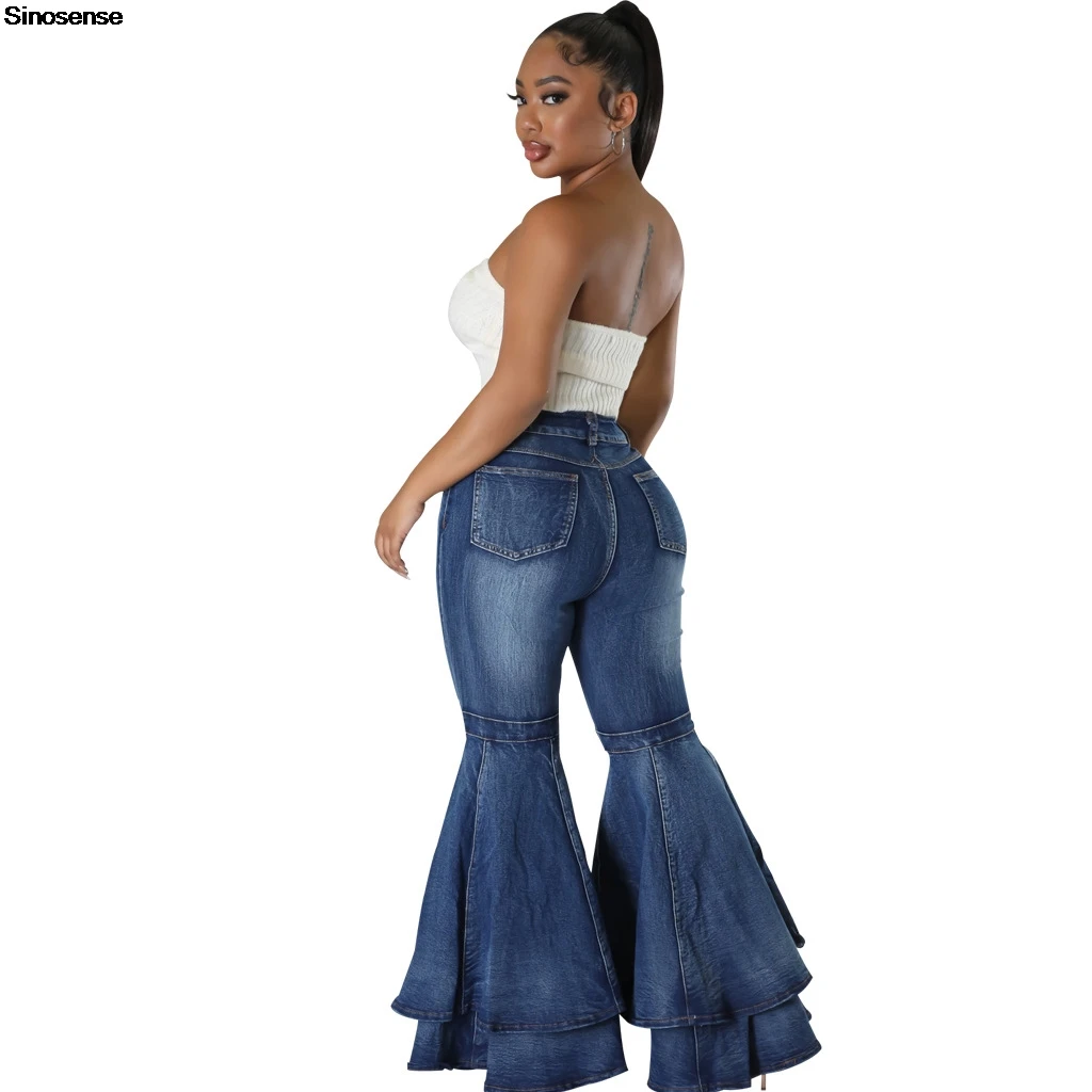 Women's High Waisted Flare Jeans Layered Ruffle Hem Bell Bottoms Jeans Casual Daily Wear Street Date Wide Leg Denim Pant 3XL