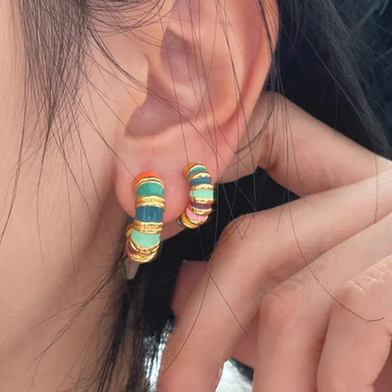 Vintage Colorful Enamel Small Hoop Earrings for Women Luxury Delicate Rainbow Oil-Drop Glaze Earrings Wedding Party Jewelry Gift